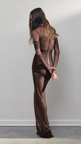 High Quality Brown Khaki Color Women Long Sleeve Sexy Mesh Bodycon Long Maxi Dress Runway Fashion Celebrate Evening Dress